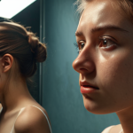 **

Prompt: A person looking at their reflection in a mirror that shows not only their physical appearance but also swirling emotions and thoughts within their mind. Soft, introspective lighting.

**