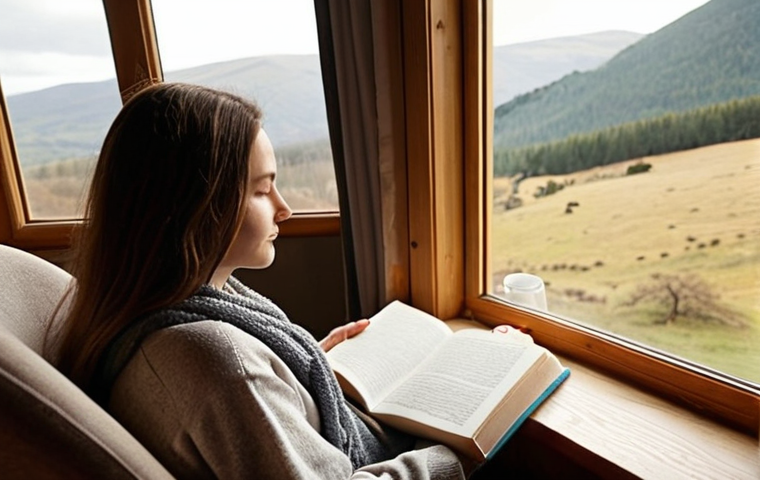**Prompt:** A serene individual journaling in a cozy armchair by a window, bathed in soft light. Focus on capturing the peaceful atmosphere of self-reflection and mindfulness. Include elements like a warm cup of tea and a calming landscape visible through the window. The style should evoke a sense of calm and inner peace, akin to a relaxing Headspace meditation session.