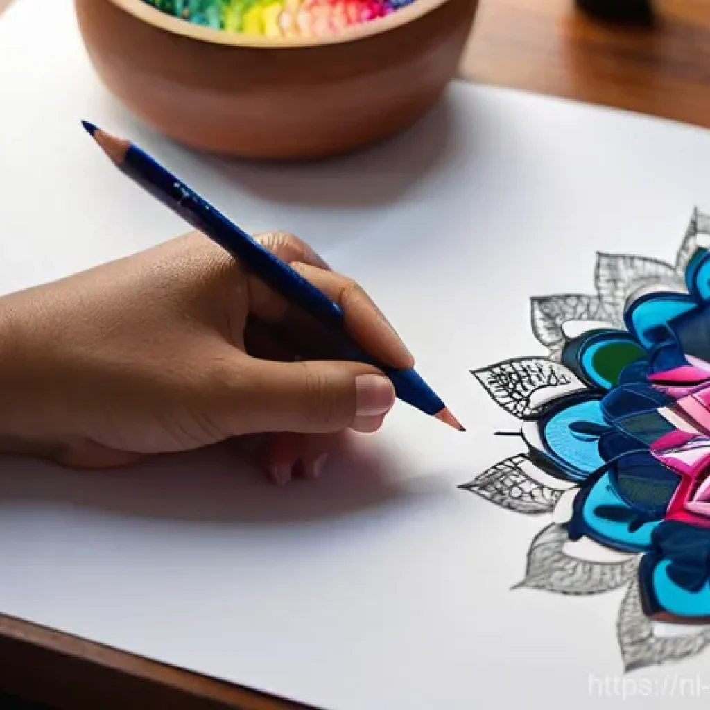 진정성 발견을 위한 만다라 아트 활용법 - **Prompt:** A close-up shot of a person's hands gently coloring an intricate mandala design on a cle...