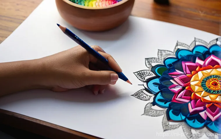 진정성 발견을 위한 만다라 아트 활용법 - **Prompt:** A close-up shot of a person's hands gently coloring an intricate mandala design on a cle...