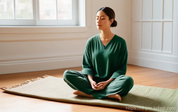 자아 발견과 진정성의 조화 찾기 - **Prompt:** A young adult (gender-neutral, 20s-30s), wearing comfortable, modest loungewear, sits cr...