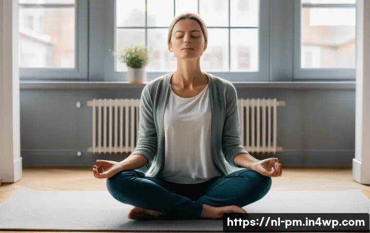 진정성 발견을 위한 명상 기법 - A serene Dutch woman practicing 4-7-8 breathing meditation indoors, sitting cross-legged on a soft c...