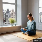 진정성을 위한 나만의 실천 목록 만들기 - A peaceful morning scene in a modern Dutch apartment, a young adult sitting cross-legged on a cozy f...