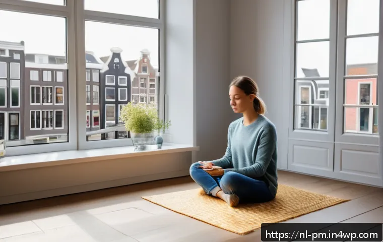 진정성을 위한 나만의 실천 목록 만들기 - A peaceful morning scene in a modern Dutch apartment, a young adult sitting cross-legged on a cozy f...