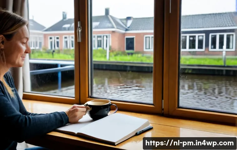 Home 17 진정성 회복을 위한 감정 해소 기법 - Photorealistic Dutch woman in her early 40s practicing emotional release through reflective journali...